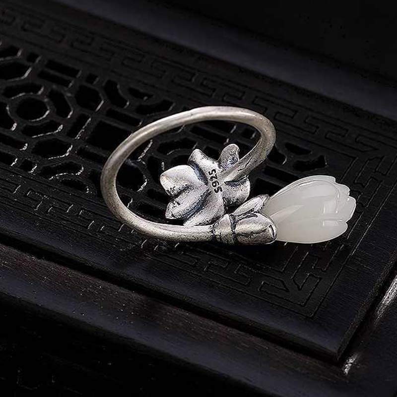 Anello regolabile Buddha Stones, giada, loto, rame, equilibrio, guarigione
