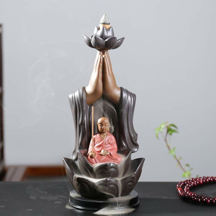 Buddha Avalokitesvara Chenrezig Ksitigarbha Ceramica Loto Benedizione Bruciatore di Incenso a Flusso Inverso