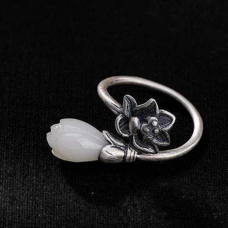 Anello regolabile Buddha Stones, giada, loto, rame, equilibrio, guarigione