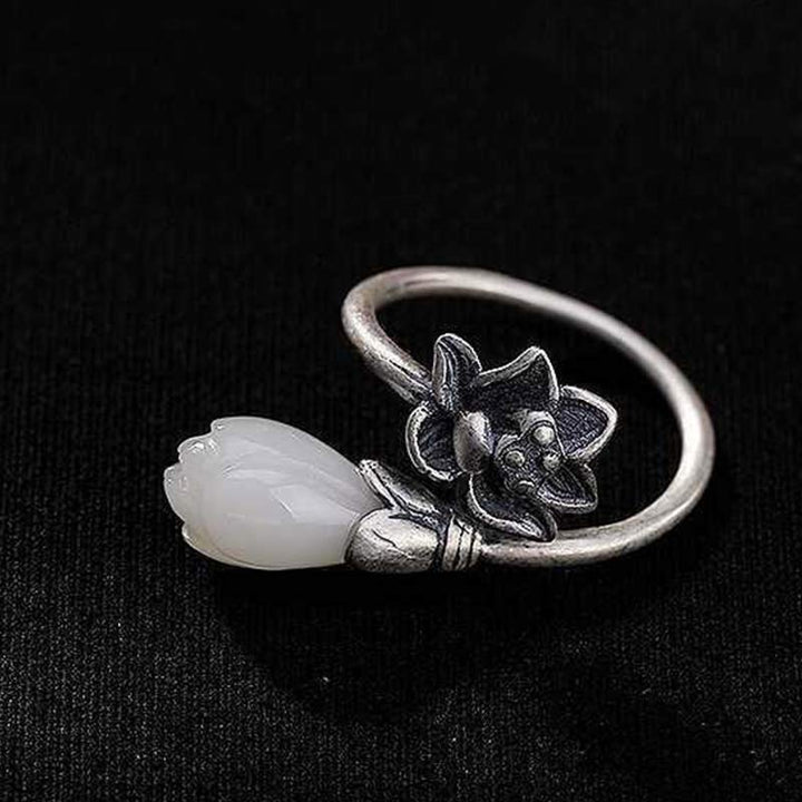 Anello regolabile Buddha Stones, giada, loto, rame, equilibrio, guarigione