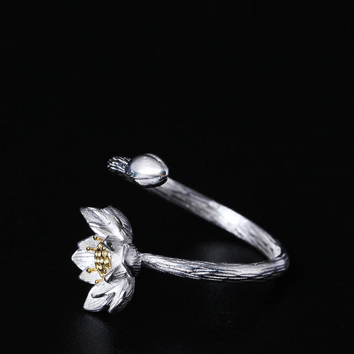 Anello di benedizione del fiore di loto in argento sterling 925 Buddha Stones