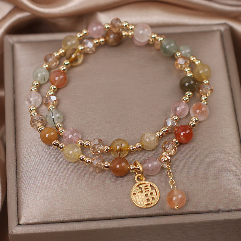 Braccialetto di auspicio con carattere Fu in quarzo rutilato multicolore Buddha Stones
