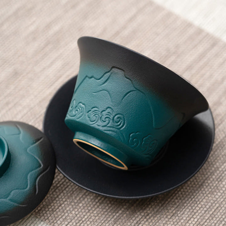 Buddha Stones Retro Blu Oceano Mare Onde Gradiente Ceramica Gaiwan Sancai Tazza da Tè Kung Fu Tazza da Tè e Piattino con Coperchio