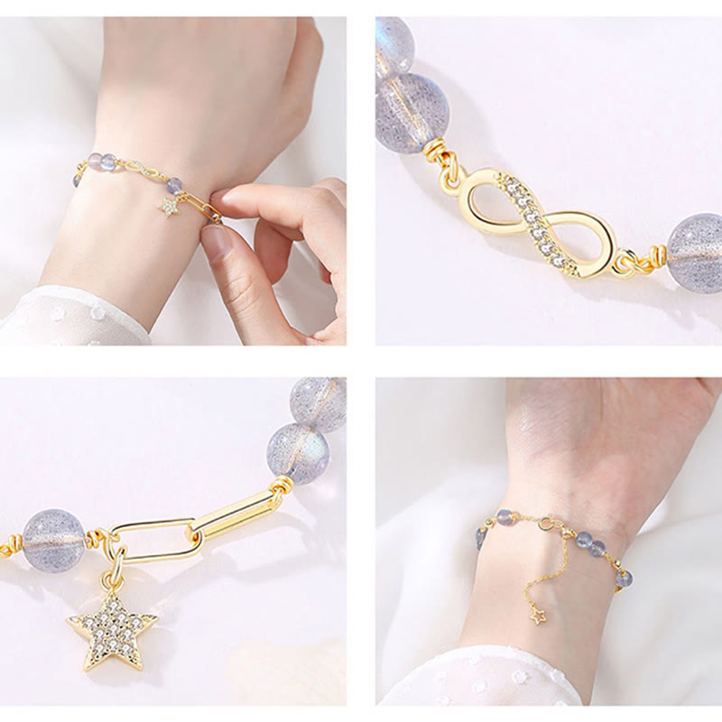 Buddha Stones 14K placcato oro naturale quarzo fragola pietra di luna Möbius Loop Eternal Love Star Bracciale positivo