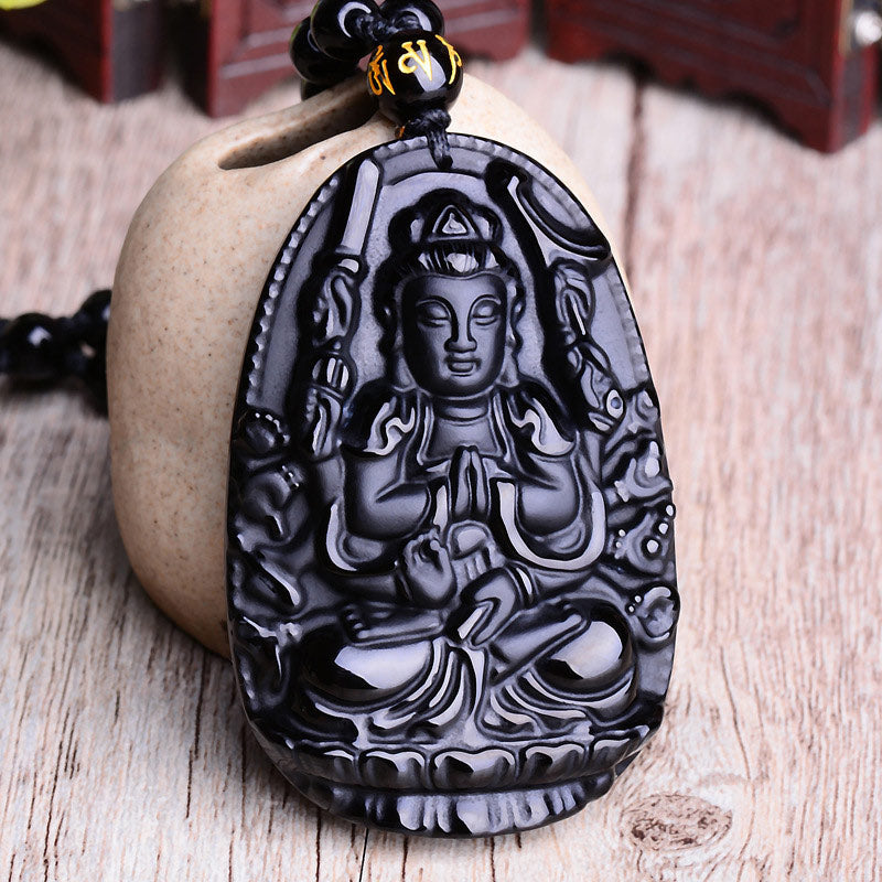 Buddha Stones Zodiaco Cinese Ossidiana Buddha Amuleto Protezione Ciondolo Collana - image 1