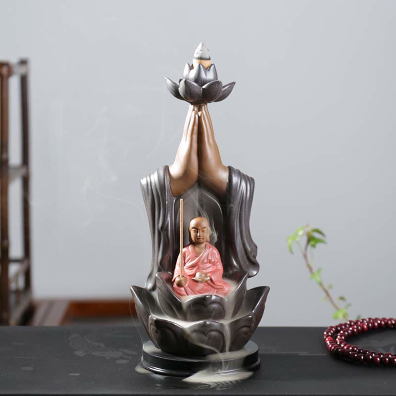 Buddha Avalokitesvara Chenrezig Ksitigarbha Ceramica Loto Benedizione Bruciatore di Incenso a Flusso Inverso