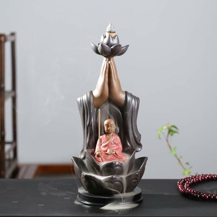 Buddha Avalokitesvara Chenrezig Ksitigarbha Ceramica Loto Benedizione Bruciatore di Incenso a Flusso Inverso