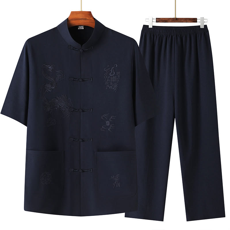 Buddha Stones Tang Suit Hanfu Drago Cinese Tradizionale Kung Fu Uniforme Manica Corta Top e Pantaloni Abbigliamento Uomo Set - Blu navy - US/UK/AU44, EU54 (4XL) - image 0