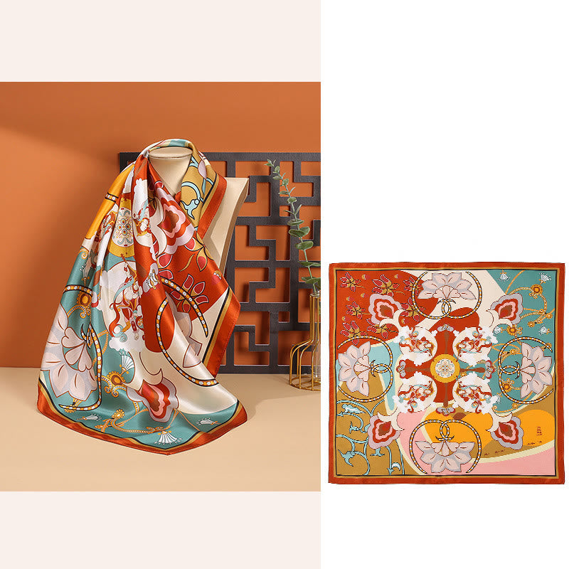 Sciarpa per capelli al collo in seta di gelso al 100%, motivo: Buddha Stones , scena pastorale, mongolfiera, fiori primaverili