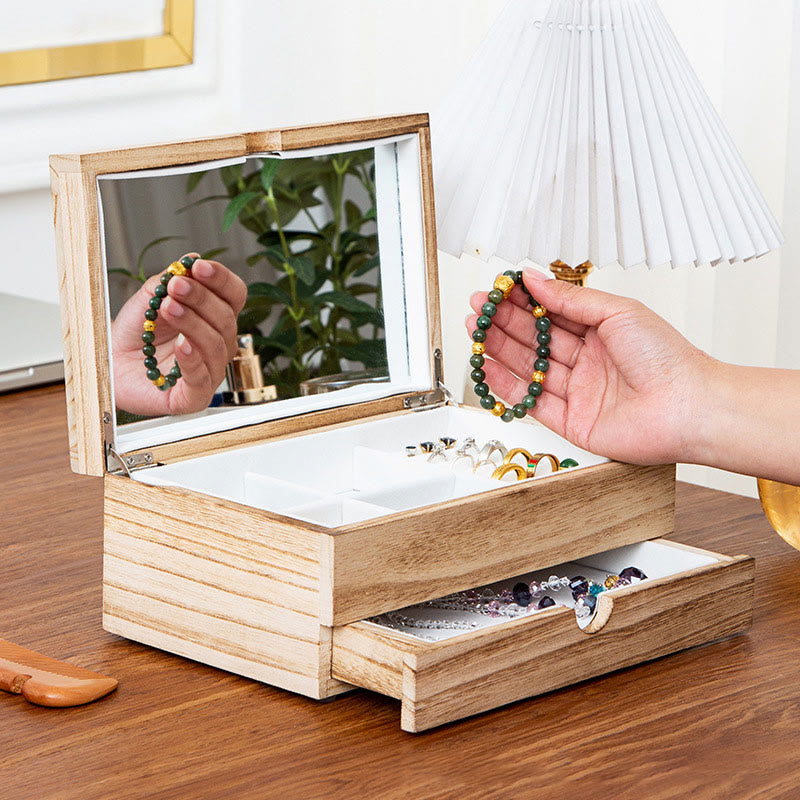 Buddha Stones Retro Beige Portagioie in Legno a Due Strati con Specchio - image 1