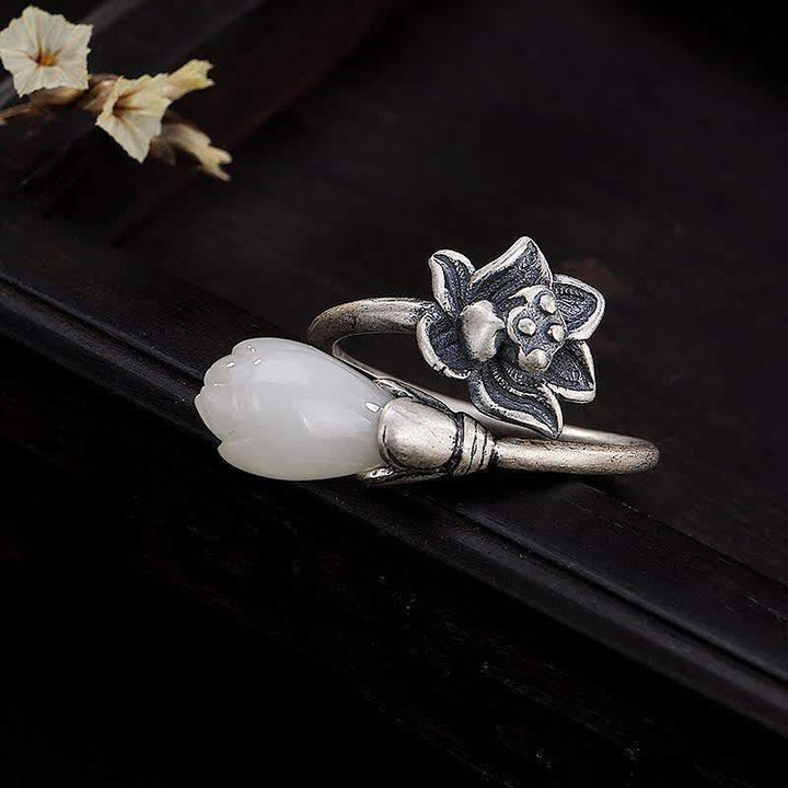 Anello regolabile Buddha Stones, giada, loto, rame, equilibrio, guarigione