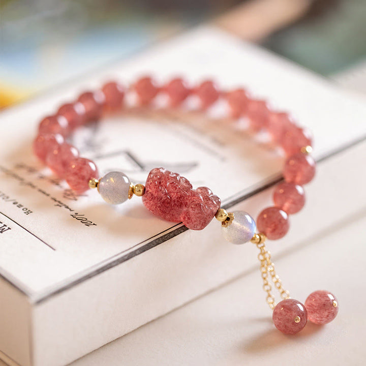 Buddha Stones Natural Strawberry Quartz Moonstone Braccialetto di guarigione dell'amore PiXiu
