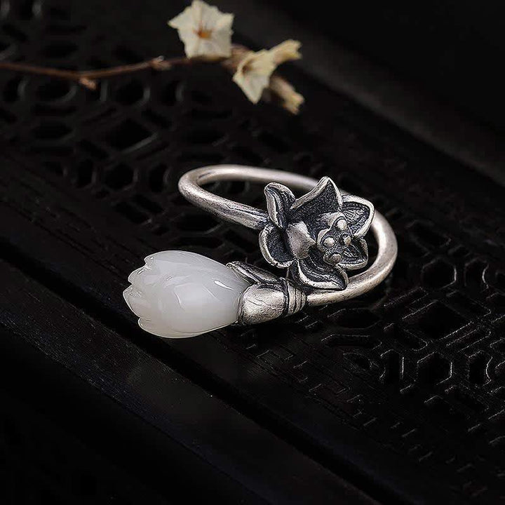Anello regolabile Buddha Stones, giada, loto, rame, equilibrio, guarigione