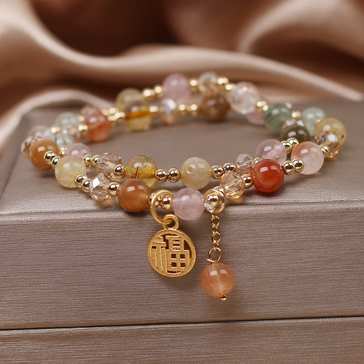 Braccialetto di auspicio con carattere Fu in quarzo rutilato multicolore Buddha Stones