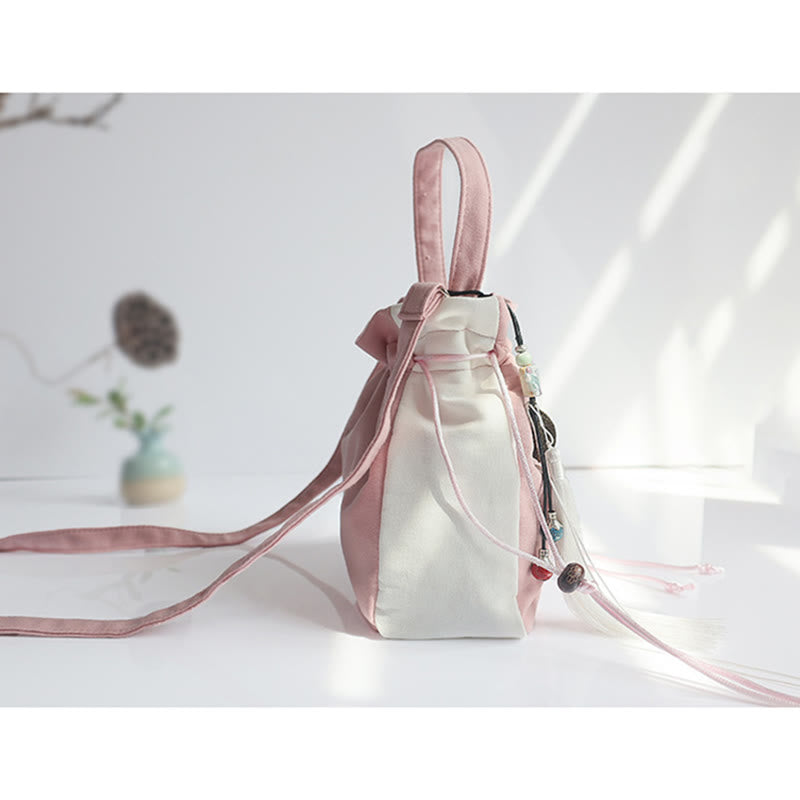 Borsa a tracolla in tela con fiori ricamati a mano con Buddha Stones