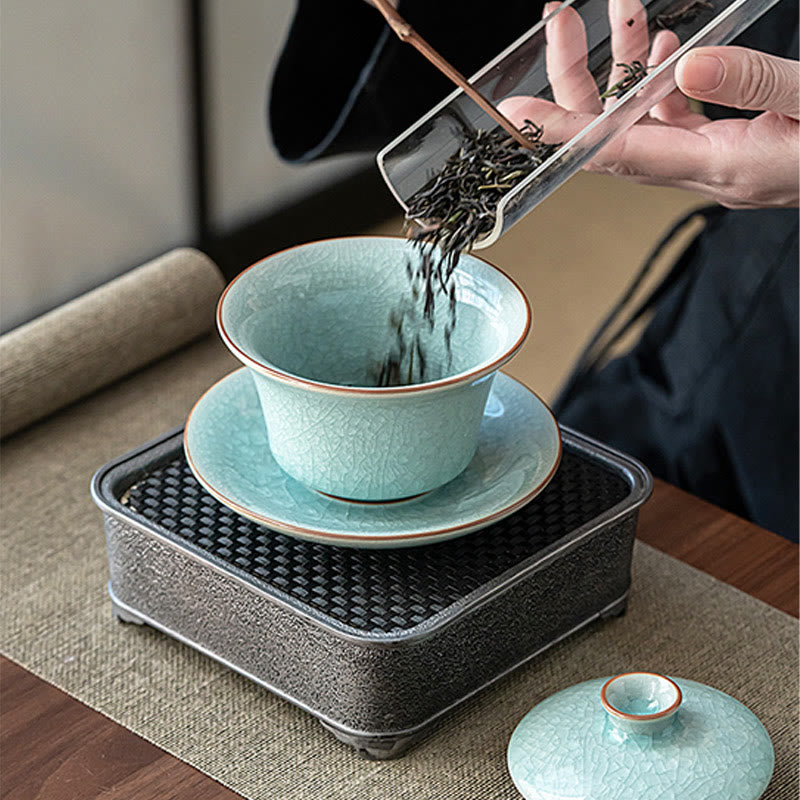 Buddha Stones Retro Green Ice Glaze Ceramic Gaiwan Sancai Tazza da tè Kung Fu Tazza da tè e piattino con coperchio