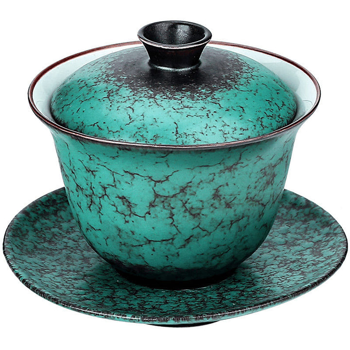 Buddha Stones Retro Green Glaze Ceramic Gaiwan Sancai Tazza da tè Kung Fu Tazza da tè e piattino con coperchio