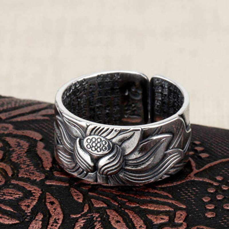 Anello di protezione del sutra del cuore con simbolo del loto in argento sterling 999 Buddha Stones