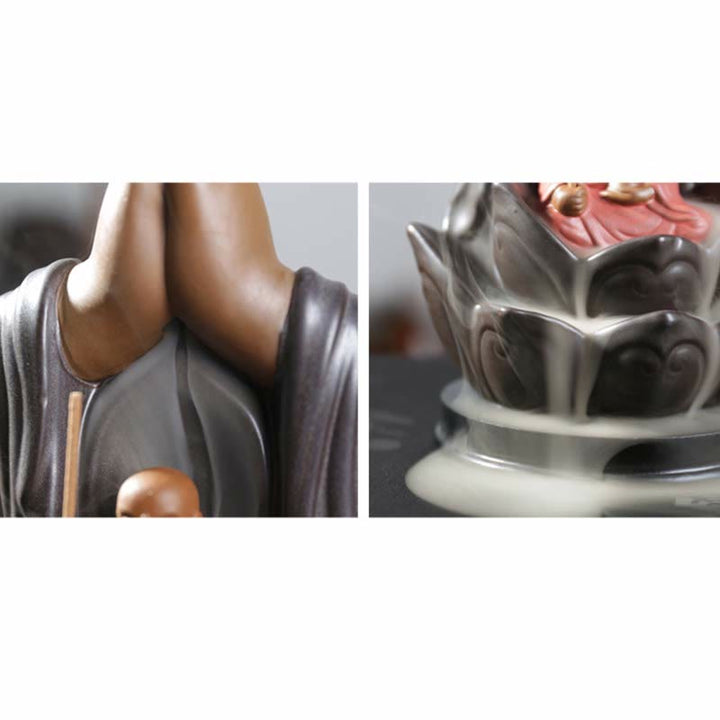 Buddha Avalokitesvara Chenrezig Ksitigarbha Ceramica Loto Benedizione Bruciatore di Incenso a Flusso Inverso