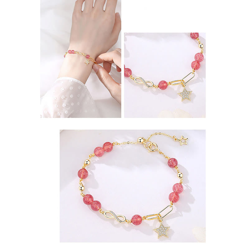 Buddha Stones 14K placcato oro naturale quarzo fragola pietra di luna Möbius Loop Eternal Love Star Bracciale positivo
