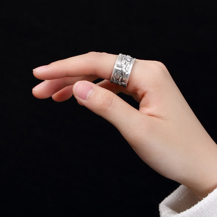 Anello Buddha Stones 999 Sterling Silver Luck Koi Fish Lotus Heart Sutra Wealth