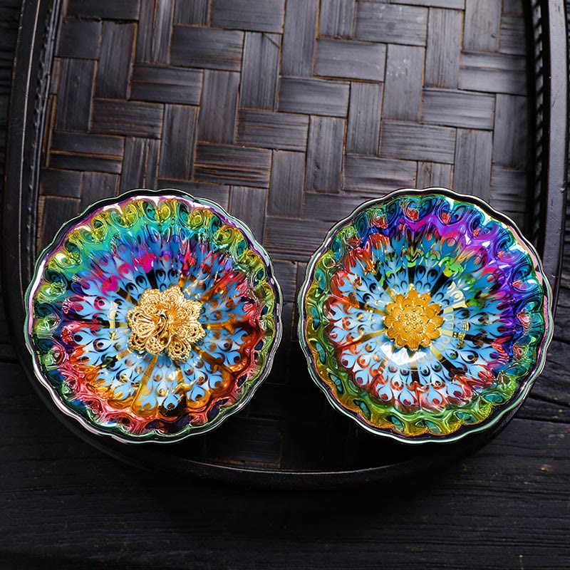 Buddha Stones Pavone vivido Loto intarsiato Design colorato Tazza da tè in ceramica cinese Jianzhan Tazza da tè Kung Fu