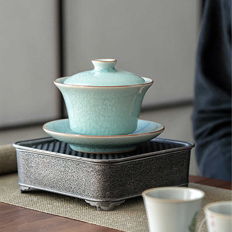 Buddha Stones Retro Green Ice Glaze Ceramic Gaiwan Sancai Tazza da tè Kung Fu Tazza da tè e piattino con coperchio