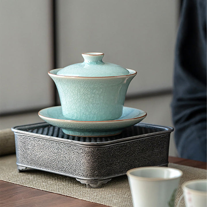 Buddha Stones Retro Green Ice Glaze Ceramic Gaiwan Sancai Tazza da tè Kung Fu Tazza da tè e piattino con coperchio