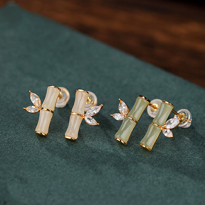 Orecchini a bottone con motivo di bambù e agata rossa, in argento sterling 925, Buddha Stones e giada ciano di Hetian, giada bianca e motivo di bambù