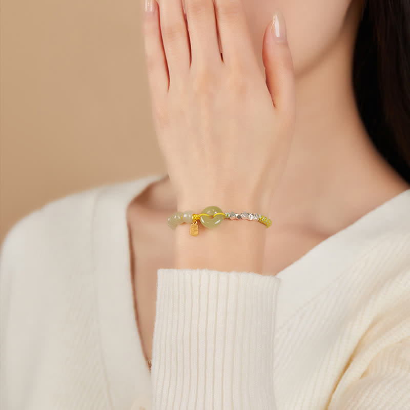 Braccialetto con ciondolo di fortuna e felicità con perline e fibbia della pace in giada Hetian in argento sterling 925 Buddha Stones