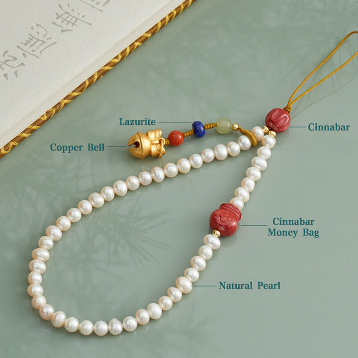 Buddha Stones Perla naturale Cinabro Borsa per soldi Campana Oro Bestia che deglutisce Leone danzante Guarigione Telefono Decorazione appesa