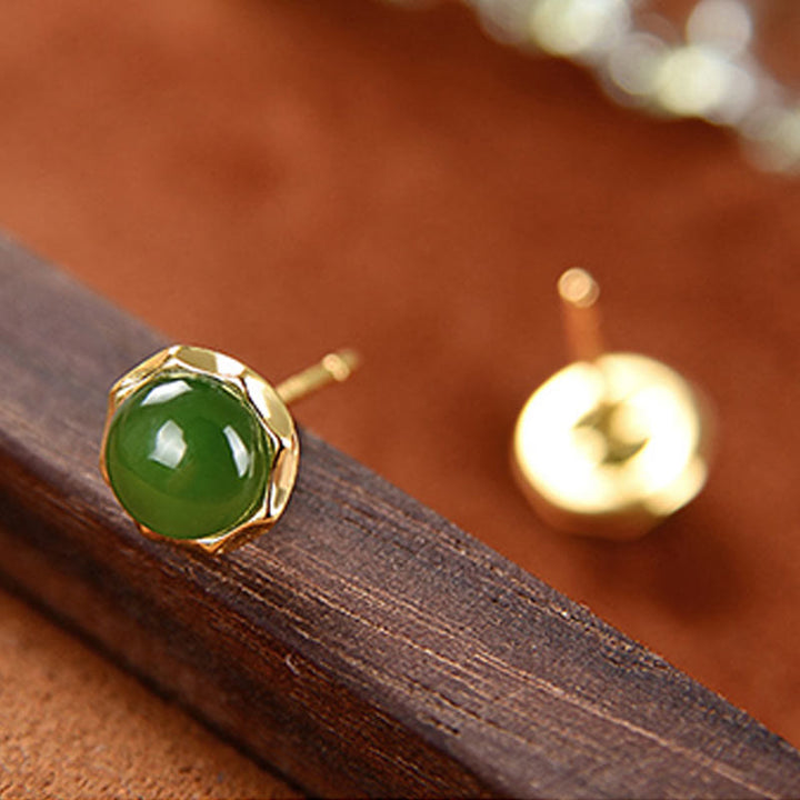 Orecchini a bottone con perline di giada ciano naturale Hetian in argento sterling 925 placcato oro Buddha Stones