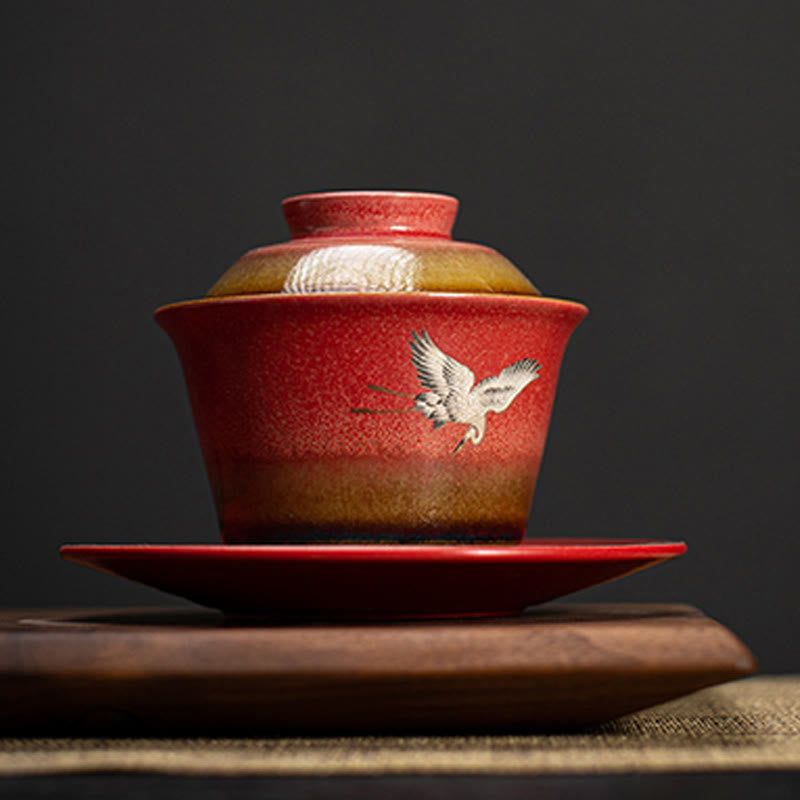 Buddha Stones Red Gru di buon auspicio Ceramica Gaiwan Sancai Tazza da tè Kung Fu Tazza da tè e piattino con coperchio