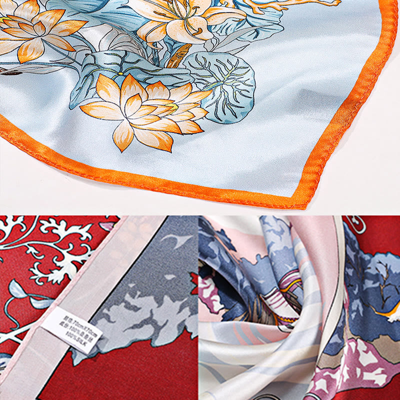 Sciarpa per capelli al collo in seta di gelso al 100%, motivo: Buddha Stones , scena pastorale, mongolfiera, fiori primaverili