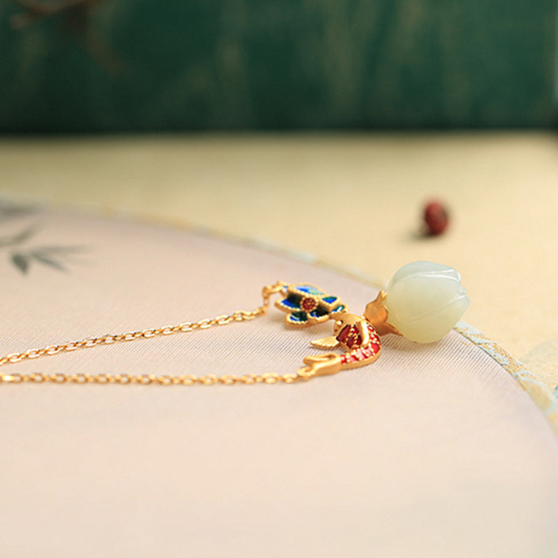 Collana con ciondolo di protezione in argento sterling 925 con pesce koi in giada bianca e Buddha Stones - image 8