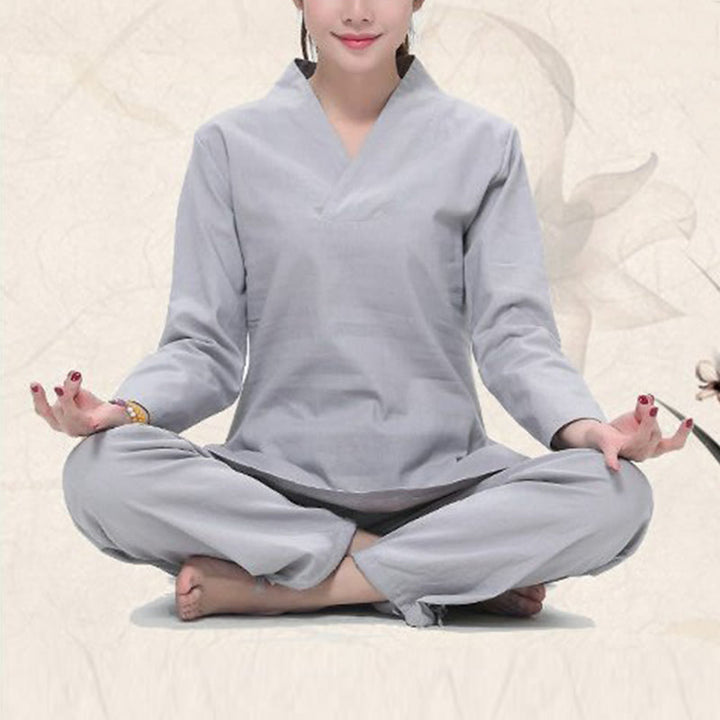 Buddha Stones Zen Pratica Yoga Meditazione Preghiera Scollo a V Design Uniforme Cotone Lino Abbigliamento Donna Set - image 8