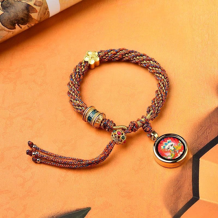 Buddha Stones Tibet Fatto a mano Cinque Dio della ricchezza Fortuna Thangka Amuleto Ruota della preghiera Fiore Ciondolo Braccialetto di corda intrecciata