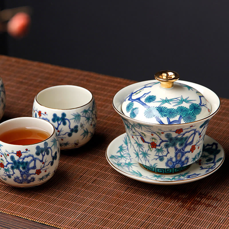 Buddha Stones Retro Prugna Fiore Pino Bambù Fenice Kirin Ceramica Gaiwan Sancai Tazza da tè Kung Fu Tazza da tè e piattino con coperchio