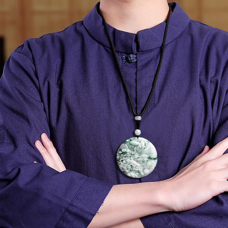 Collana con corda di abbondanza di giada con paesaggio montano Buddha Stones