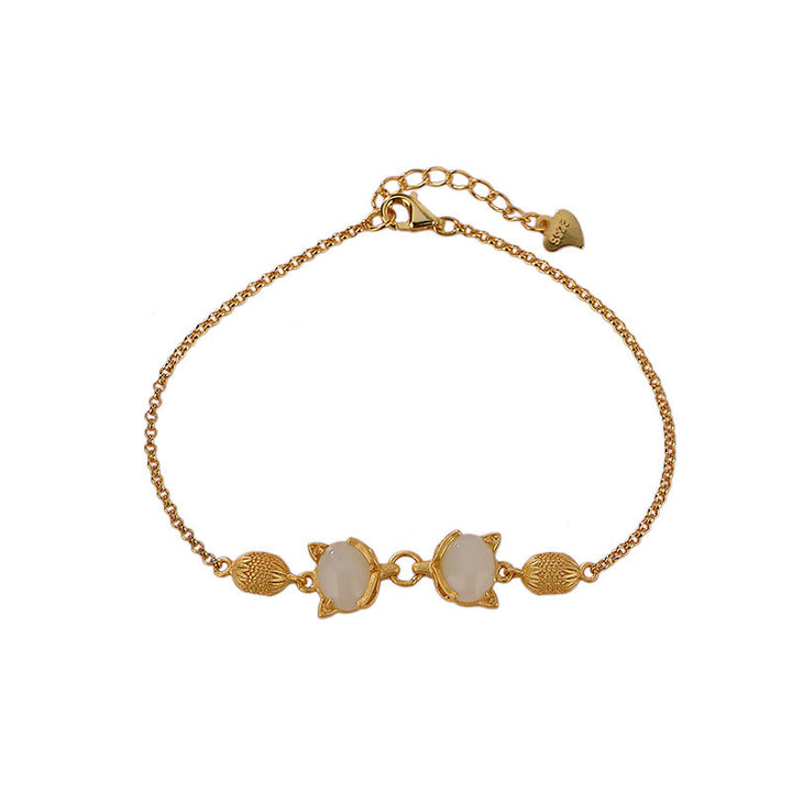 Braccialetto portafortuna con giada bianca naturale Hetian in argento sterling 925 Buddha Stones, giada ciano e volpe adorabile