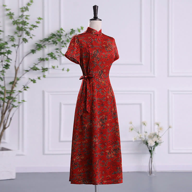 Abito da donna in cheongsam con stampa di foglie e nuvole di buon Buddha Stones vintage, abito da donna in qipao