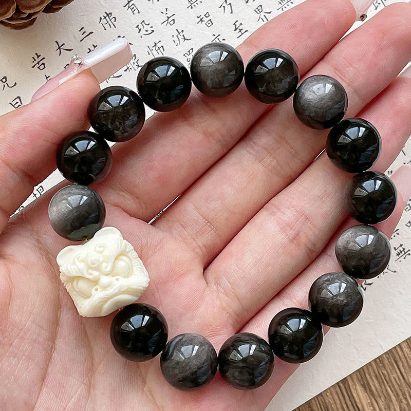 Braccialetto di protezione con leone danzante , Buddha Stones di avorio, seme di Bodhi, pietre di Buddha, argento lucido e ossidiana