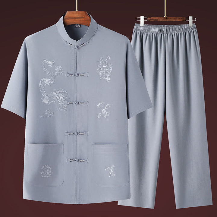 Buddha Stones Tang Suit Hanfu Drago Cinese Tradizionale Kung Fu Uniforme Manica Corta Top e Pantaloni Abbigliamento Uomo Set - Grigio chiaro - US/UK/AU44, EU54 (4XL) - image 6