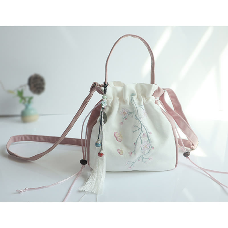 Borsa a tracolla in tela con fiori ricamati a mano con Buddha Stones