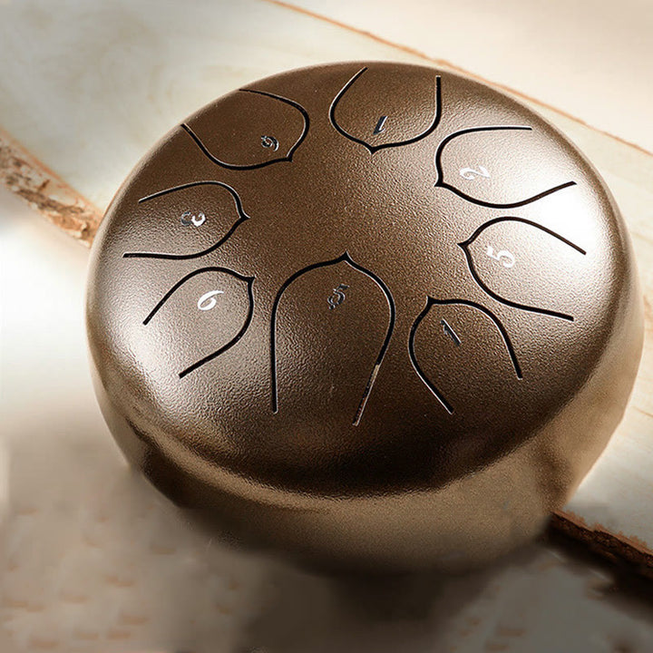 Buddha Stones Steel Tongue Drum Sound Healing Meditazione Lotus Pattern Drum Kit 8 Note Strumento a percussione da 6 pollici