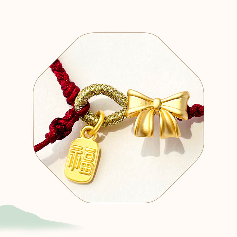 Braccialetto con corda rossa con ciondolo a forma di fiocco con rosetta in fiore di pesco fatto a mano con carattere Fu e nodo Buddha Stones