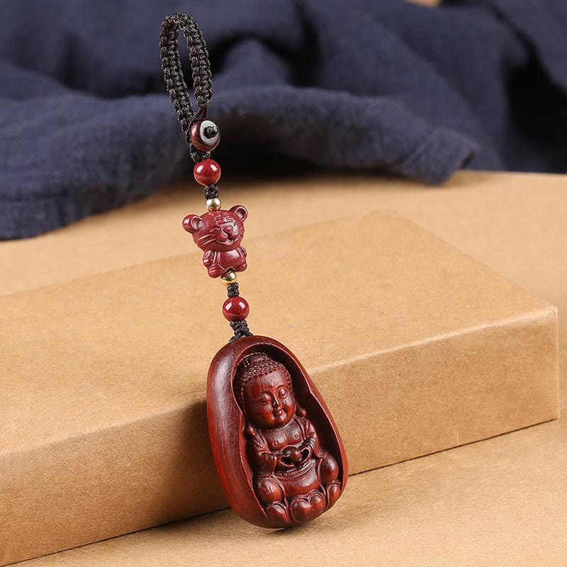 Buddha Stones Piccola foglia Sandalo rosso Buddha Cinabro Zodiaco cinese Amuleto Protezione Portachiavi