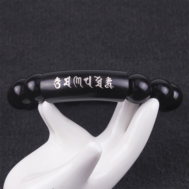 Bracciale intarsiato in legno di ebano con Buddha Stones in argento sterling 999 Om Mani Padme Hum