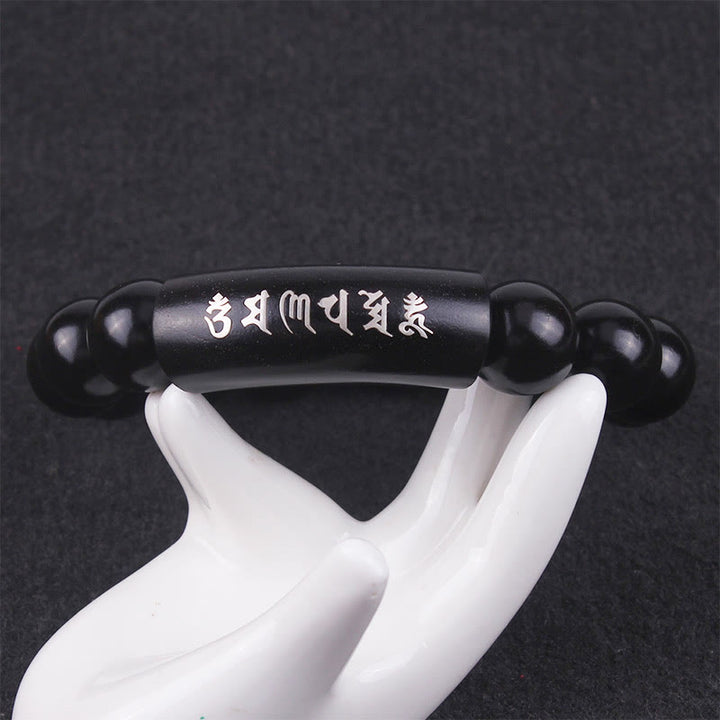Bracciale intarsiato in legno di ebano con Buddha Stones in argento sterling 999 Om Mani Padme Hum