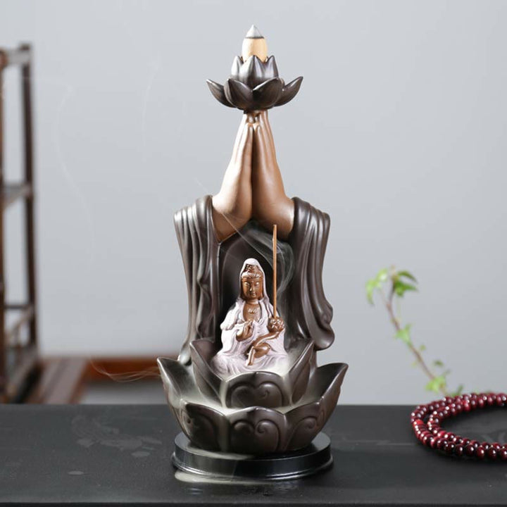 Buddha Avalokitesvara Chenrezig Ksitigarbha Ceramica Loto Benedizione Bruciatore di Incenso a Flusso Inverso